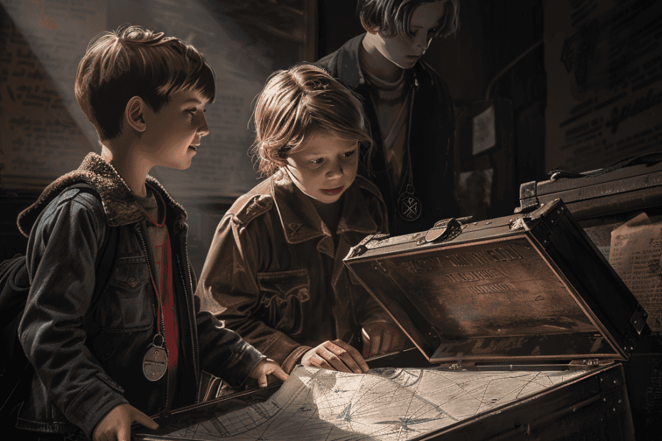 Drie kinderen onderzoeken een grote, open schatkist die gloeit van licht. In de kist zit een oude, gedetailleerde kaart. Het ene kind, in jasje, wijst naar de kaart, terwijl een ander kind, met een hangertje om, gretig toekijkt. Het derde kind, iets ouder, kijkt aandachtig van achteren.
