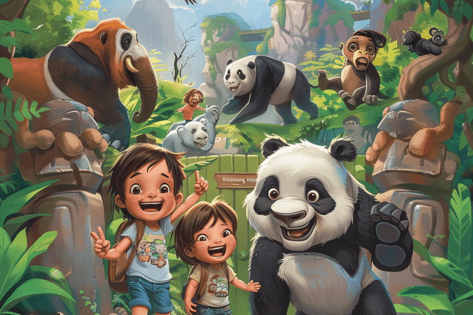Kleurrijke illustratie van een jungletafereel met twee kinderen, een panda en diverse andere dieren, waaronder een aap, een olifant en vogels, die er allemaal vrolijk uitzien in een weelderige, levendige omgeving.