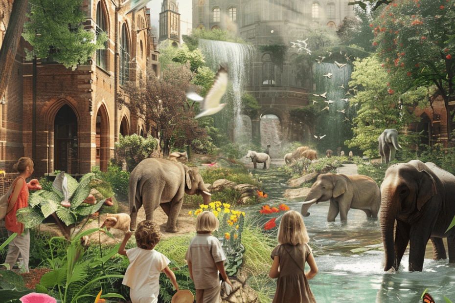 Kinderen observeren olifanten en andere dieren in het wild in een weelderige, fantastische tuin met watervallen, een klassiek paleis en levendige flora.