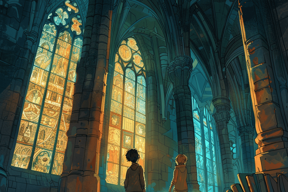 Een illustratie van twee kinderen die een grote, gotische kathedraal verkennen met hoge glas-in-loodramen die kleurrijk licht werpen op de stenen pilaren en de vloer. De scène wordt verlicht met warme en koele tinten, waardoor een mystieke, ontzagwekkende sfeer ontstaat.