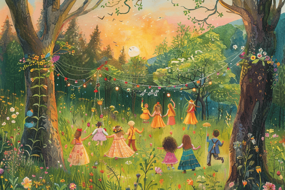 Een speels tafereel van kinderen die elkaars hand vasthouden en in een cirkel dansen in een levendige weide, omringd door bloeiende bloemen en hoge bomen. De midzomerzonsondergang zorgt voor een warme gloed en tussen de bomen hangen kleurrijke slingers die een magische en feestelijke sfeer oproepen.