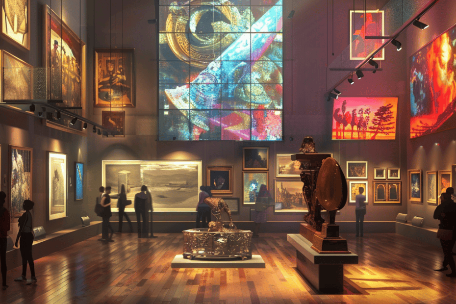 Een kunstgalerie-interieur verlicht door natuurlijk licht met een gevarieerd aanbod aan schilderijen en sculpturen. Bezoekers zijn bezig met het bekijken van de kunstwerken tijdens de Nationale Museumweek. Een groot, kleurrijk digitaal scherm domineert de centrale muur