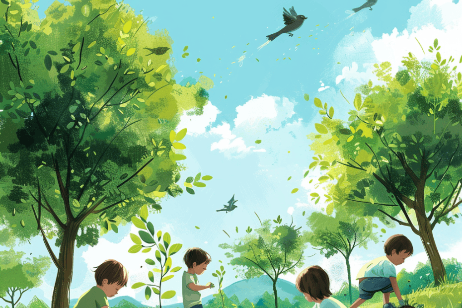 Illustratie van vier kinderen die bomen planten in een weelderig groen bos onder een helderblauwe lucht, met vliegende vogels en licht dat door het gebladerte stroomt.