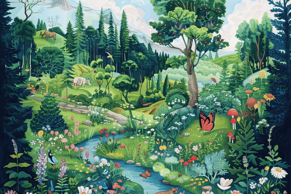 Een levendig, grillig landschapsschilderij van een weelderige bosopheldering. Het heeft een gevarieerde flora en fauna, kleurrijke bloemen, vlinders, vogels en een hert bij een stromende beek. Hoge bomen, glooiende heuvels en een berg in de verte completeren het levendige, natuurlijke tafereel.