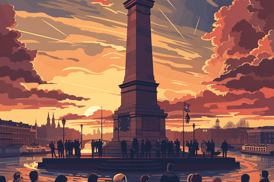 Illustratie van een menigte die zich bij zonsondergang verzamelde rond een groot monument met een standbeeld bovenop een hoge pilaar voor de Dodenherdenking, met een levendige oranje en paarse lucht en een stadsgezicht op de achtergrond.