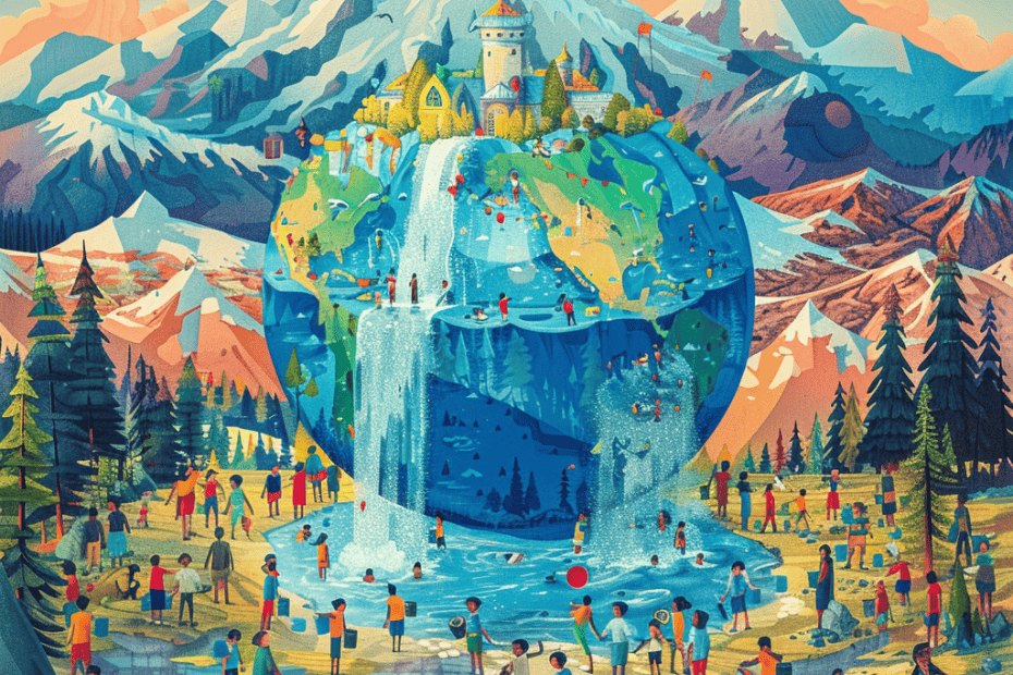 Illustratie van een levendige, bruisende scène met een miniatuurwereld ingekapseld in een waterbol, omgeven door bergen, een kasteel en talloze mensen die zich bezighouden met verschillende activiteiten.