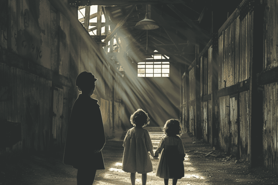 Drie kinderen staan samen in een slecht verlicht, verlaten pakhuis. Een lichtbundel die door een gebroken raam stroomt, verlicht de ruimte en benadrukt de silhouetten van de kinderen, terwijl de twee jongsten elkaars hand vasthouden. De scène heeft een nostalgische en mysterieuze sfeer.