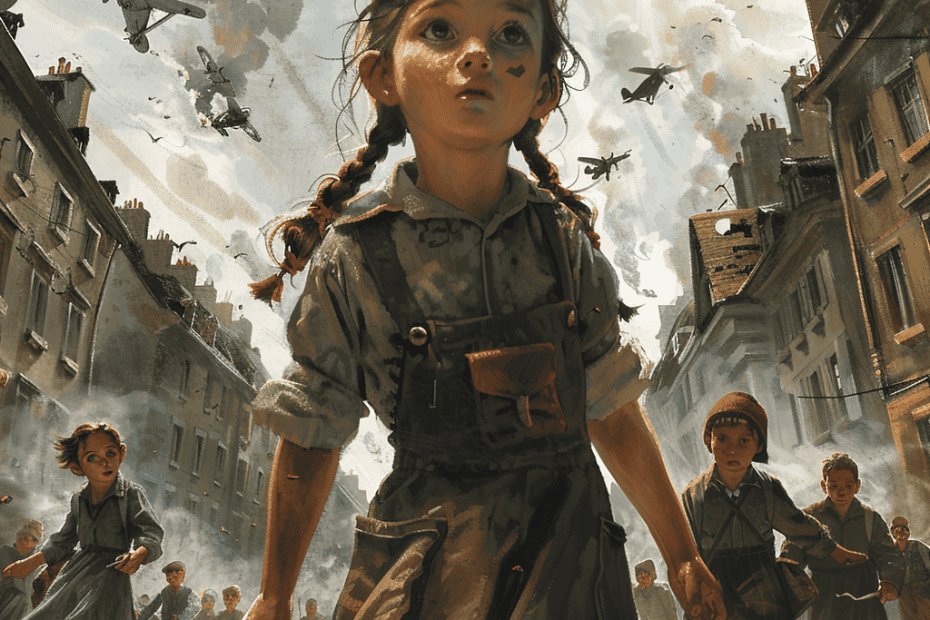 Een jong meisje met gevlochten haar staat op de voorgrond van een oorlogsscène en ziet er vastberaden uit. Andere kinderen zijn om haar heen. Vliegtuigen vliegen over en er stijgt rook op op de achtergrond, wat duidt op een bomaanslag. De setting lijkt een stadsstraat te zijn.