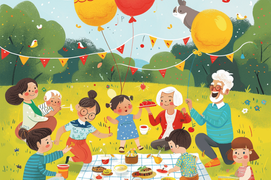 Illustratie van een vrolijke groep volwassenen en kinderen die picknicken in een zonnig park. Ze zitten op een deken met eten en drinken. Kleurrijke ballonnen, vlaggetjes en speelse activiteiten zoals een springend konijntje dragen bij aan de feestelijke sfeer.