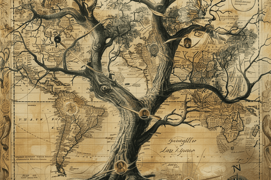 Een ingewikkeld ontworpen vintage kaart toont een grote boom met kale takken, die zich over continenten uitstrekt en zijn wortels combineert met verschillende landen. In de boom zijn verschillende symbolen ingebed, waaronder een vlinder, kompas en uurwerken, die een gevoel van familiegeschiedenis oproepen dat generaties overspant.