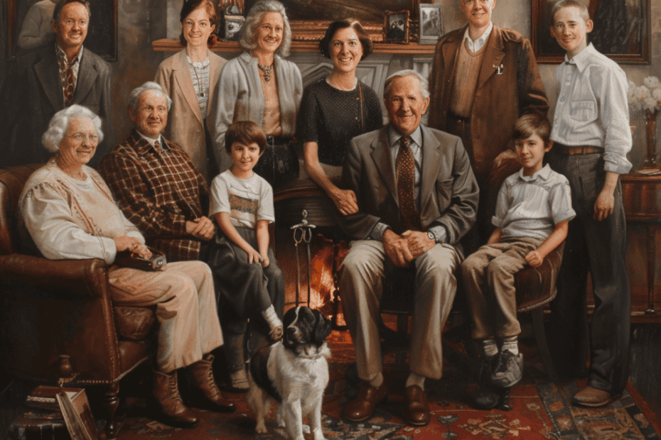 Een familieportret van meerdere generaties met elf individuen en een hond in een klassieke huiskamersetting, met schilderijen en elegant meubilair, die warmte uitstralen en 'begrijpend lezen'.
