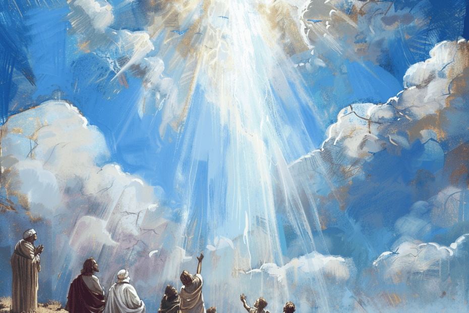 Een groep mensen in gewaden staat op een rotsachtige heuvel en staart omhoog naar een stralend, gloeiend licht dat door de wolken breekt. De lucht is grotendeels blauw met wat wolken, en lichtstralen schijnen op de mensen, waardoor een etherisch en opbeurend tafereel ontstaat.