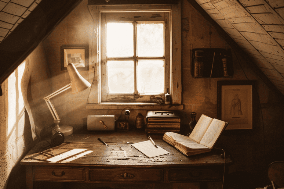 Een gezellige, slecht verlichte zolderwerkruimte met een houten bureau, een oude lamp, een open boek en verspreide papieren. Licht filtert door een klein raam en verlicht stofdeeltjes in de lucht. Ingelijste foto's en boeken sieren de schilderachtige, rustieke omgeving.
