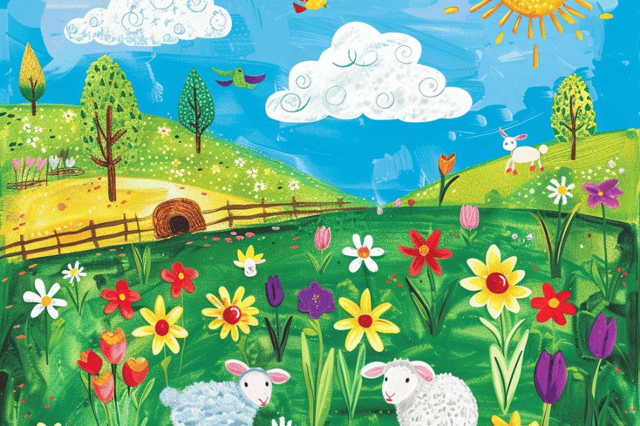 Illustratie van een levendige plattelandsscène met schapen, bloemen, vlinders en een lachende zon in een blauwe lucht met decoratieve wolken.