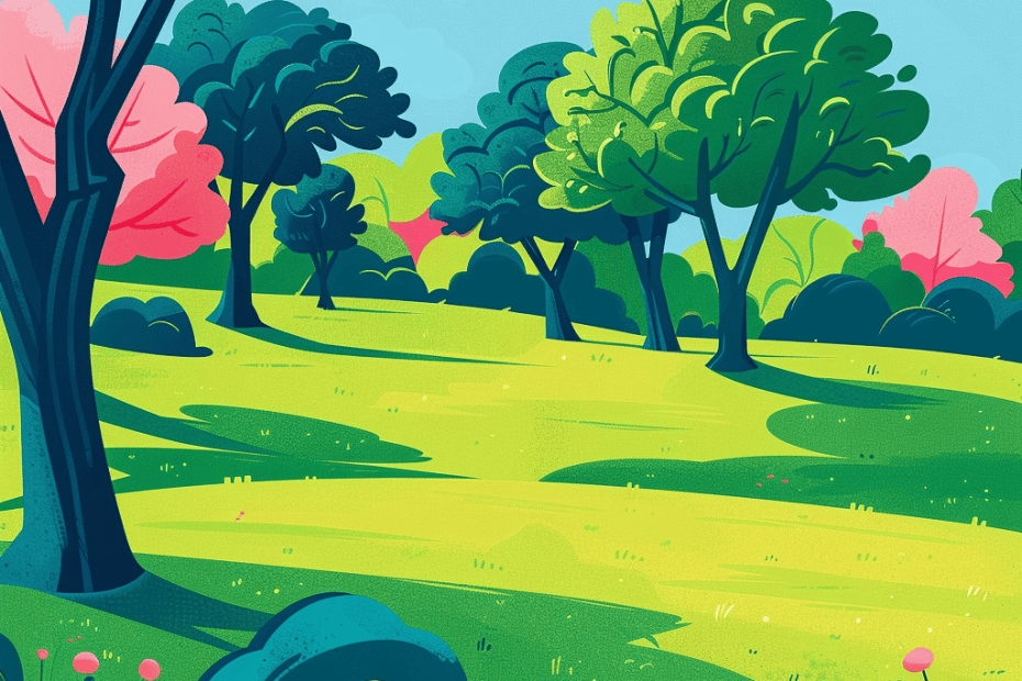 Een levendige illustratie van een zonnig park met weelderige groene bomen en een helderblauwe lucht tijdens de zomer. Felroze bloemen sieren het graslandschap, met een paar struiken op de voorgrond. Het park straalt een vrolijke en rustige sfeer uit, perfect voor een middagje begrijpend lezen tekst.