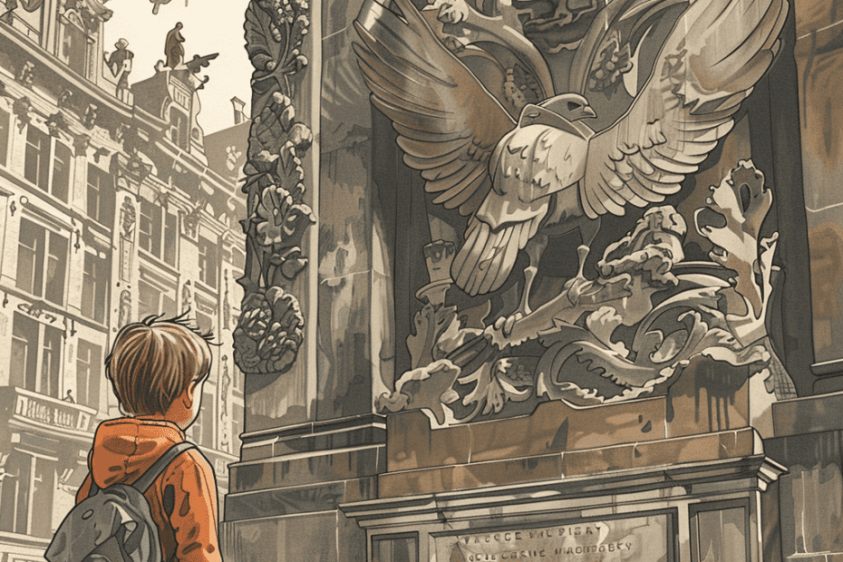 Een jonge jongen met een rugzak staat voor een sierlijk stenen monument met een groot, gedetailleerd beeldhouwwerk van een duif met uitgestrekte vleugels en verschillende ingewikkelde ontwerpen. Op de achtergrond zijn historische gebouwen en vliegende vogels zichtbaar.