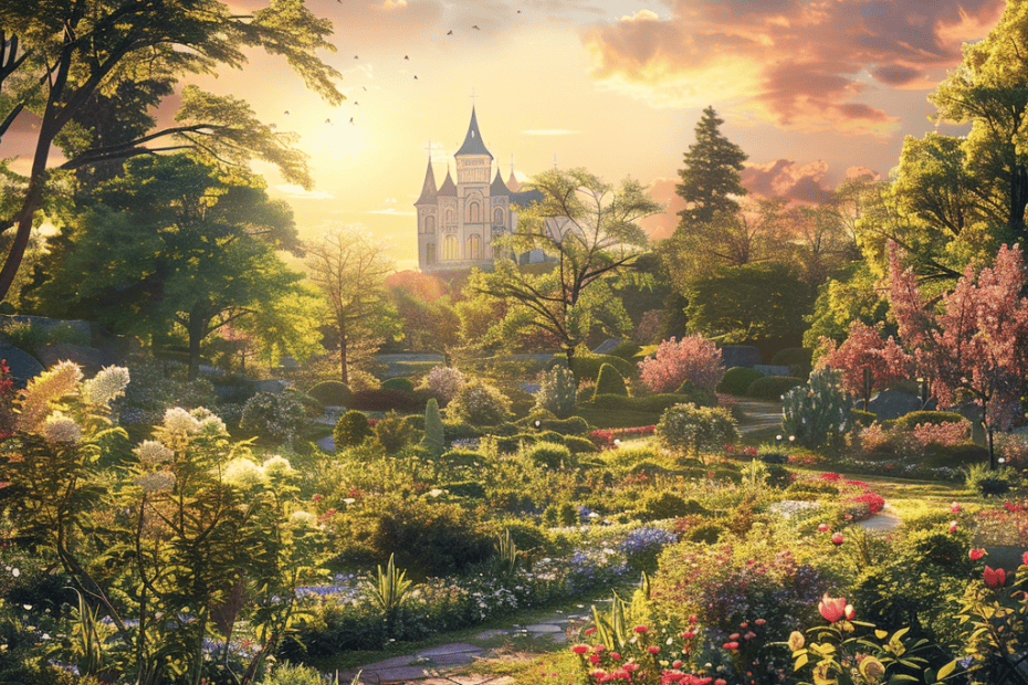 Bij zonsondergang wordt een schilderachtige tuin met diverse, kleurrijke bloemen en weelderig groen getoond. Een kronkelend stenen pad leidt naar een afgelegen, sprookjesachtig kasteel. De lucht is geschilderd in warme tinten, met verspreide wolken en een zachte verspreiding van vogels.