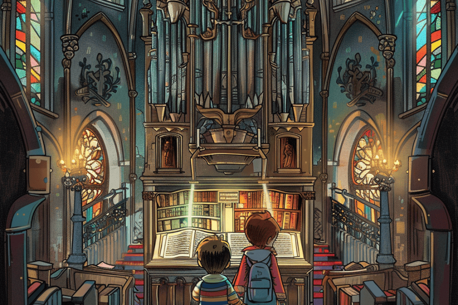 Twee kinderen staan in een levendige kerk en staren naar een groot pijporgel dat baadt in het licht van de glas-in-loodramen, wat een kleurrijke en serene sfeer creëert.
