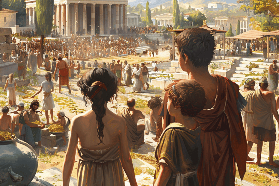 Een bruisende oude marktplaats met mensen gekleed in traditionele kledij. Op de voorgrond staart een gezin van drie personen naar een grote tempel, omringd door mensenmenigten. Het tafereel is levendig, met verkopers, weelderige bomen en bergen in de verte onder een heldere hemel.