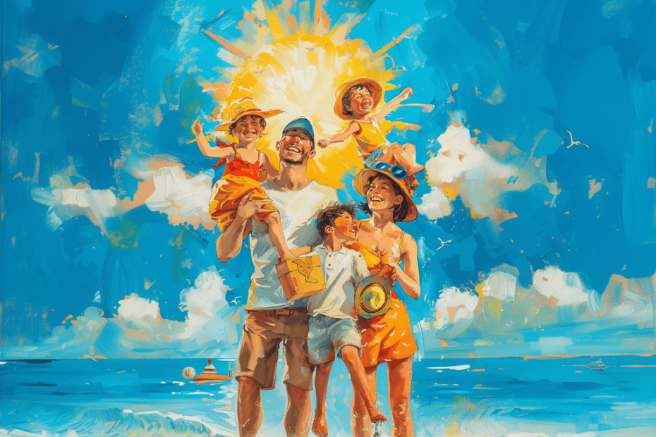 Een levendig schilderij van een vrolijk gezin aan het strand, perfect voor wie zich afvraagt: "Hoe Plan Je De Perfecte Zomervakantie?" De vader heeft een kind op zijn schouders terwijl hij de hand van de moeder vasthoudt, en een ander kind staat tussen hen in. De zon straalt helder van achteren en zorgt voor een vrolijke en warme sfeer onder een heldere, blauwe hemel.