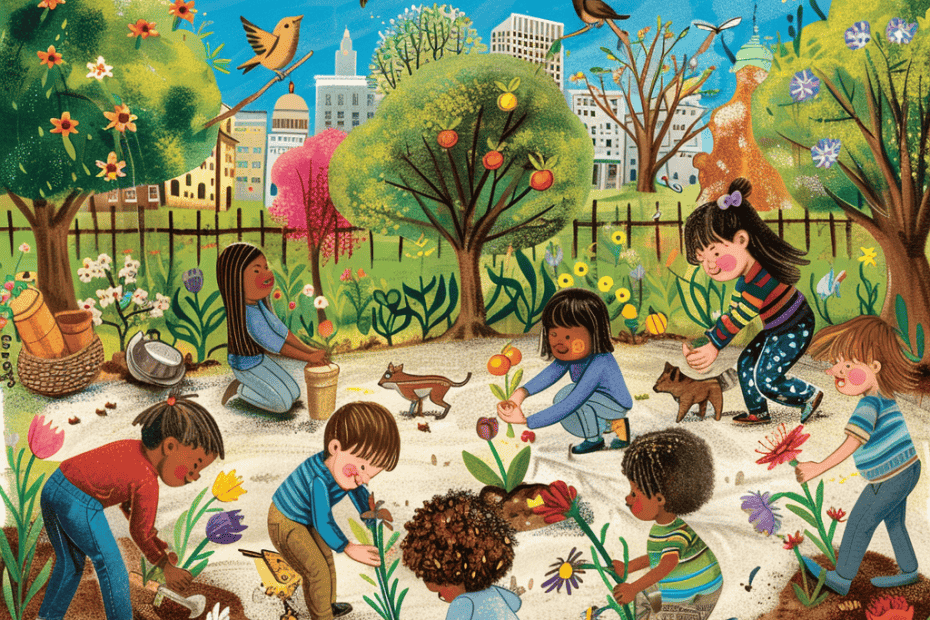 Illustratie van kinderen en volwassenen die tuinieren in een weelderig park, bloemen en bomen planten, met de tekst "Dag van de Aarde begrijpend lezen" erboven, vogels en stadsgezicht