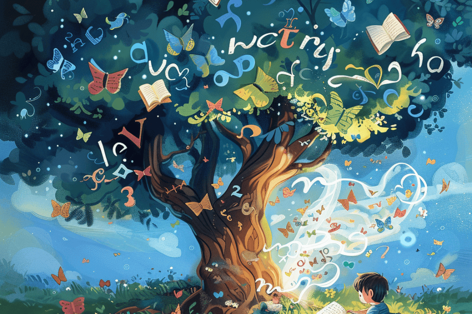 Een levendige illustratie van een jonge jongen die leest onder een grote boom met magische letters, muzieknoten en kleurrijke boeken die rondzweven in een grillige, weelderige omgeving.