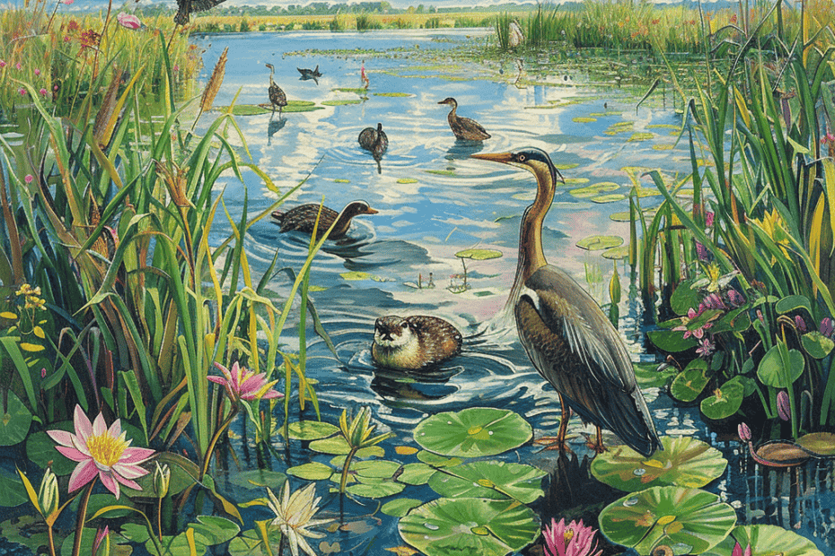 Een levendig schilderij van een moeraslandtafereel met een reiger die tussen waterlelies staat, zwemmende eenden en verschillende kleine vogels die over een weelderig, groen landschap vliegen onder een helderblauwe lucht.