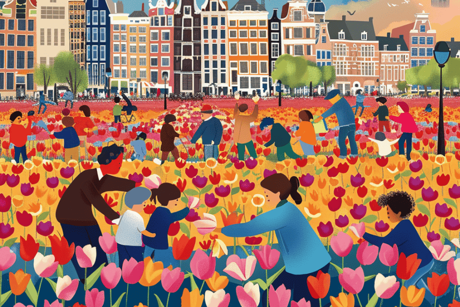 Kleurrijke illustratie van mensen die genieten van een tulpenveld voor de iconische grachtenpanden van Amsterdam onder een zonnige hemel met lachende hemellichamen.