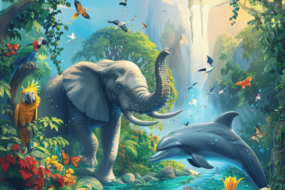 Een levendig jungletafereel met een olifant bij een waterpoel, omgeven door weelderig groen. Vogels, vlinders en een dolfijn springen vrolijk op. Heldere bloemen en diverse wilde dieren dragen bij aan de levendige, kleurrijke sfeer. Een gouden zonnestraal filtert door de bomen.