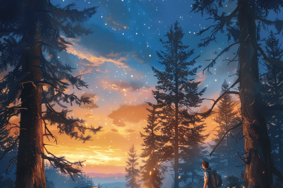 Een groep mensen zit in de schemering rond een kampvuur in een bos. Hoge bomen omringen hen en vlakbij staat een blauwe tent. De lucht gaat over van een kleurrijke zonsondergang naar een sterrennacht, waardoor een sereen en pittoresk kampeer- en buitenleven tafereel ontstaat.