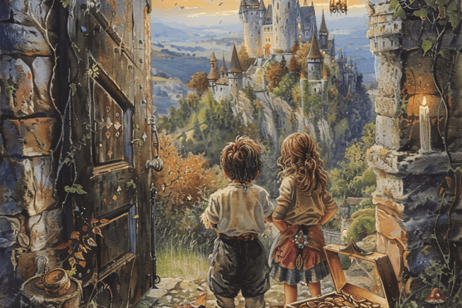 Twee kinderen staren naar een kasteel in de verte vanuit een gebogen stenen deuropening, omgeven door herfstbladeren en een open schatkist gevuld met gouden munten tijdens hun tekstopdracht begrijpend lezen.