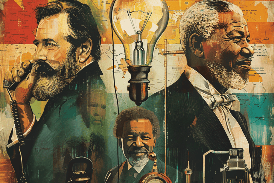 Een levendige illustratie van Mannen die Geschiedenis Maakt. De een praat met een vintage telefoon, de ander met een gloeilamp en een oudere man met een lantaarn. Op de achtergrond staat een kaart. Ook worden diverse uitvindingen zoals een telefoonhoorn en meters afgebeeld, wat de nadruk legt op innovatie.