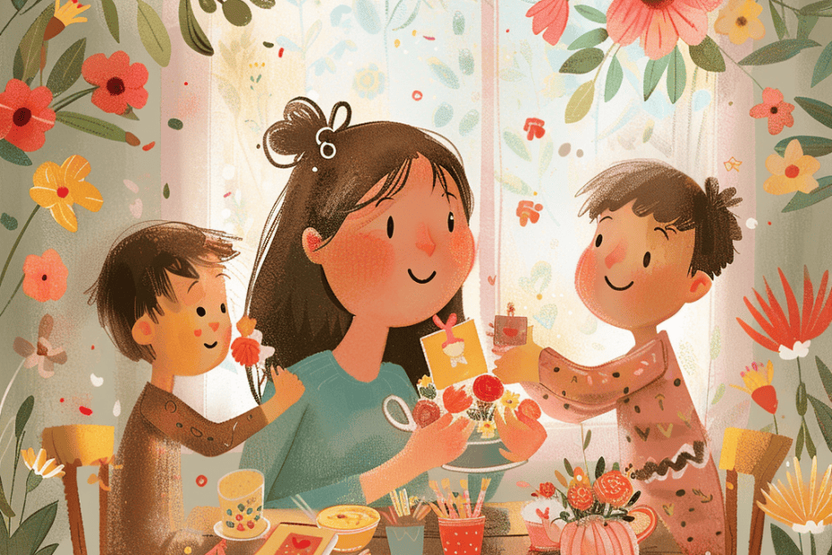 Drie kinderen genieten van knutselen aan een tafel omringd door grote, kleurrijke bloemen. Ze lachen en wisselen handgemaakte kaarten uit voor Moederdag, met overal kunstbenodigdheden verspreid. De kamer heeft een vrolijke, creatieve sfeer