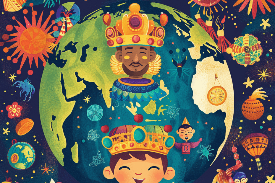 Kleurrijke illustratie van een wereldbol omringd door verschillende feestelijke elementen, waaronder lantaarns, sterren en feestelijke dieren. Twee grillige karakters, één met een kroon en één met een hoofdtooi, zijn prominent boven en onder de wereldbol te zien te midden van vrolijke Nieuwjaarsvieringen-versieringen.