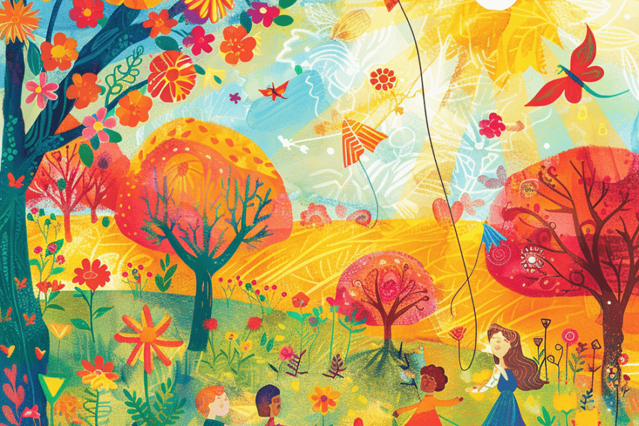 Kleurrijke illustratie van spelende kinderen in een levendige, grillige tuin met heldere bloemen, bomen, vliegers en vogels onder een stralende zon.