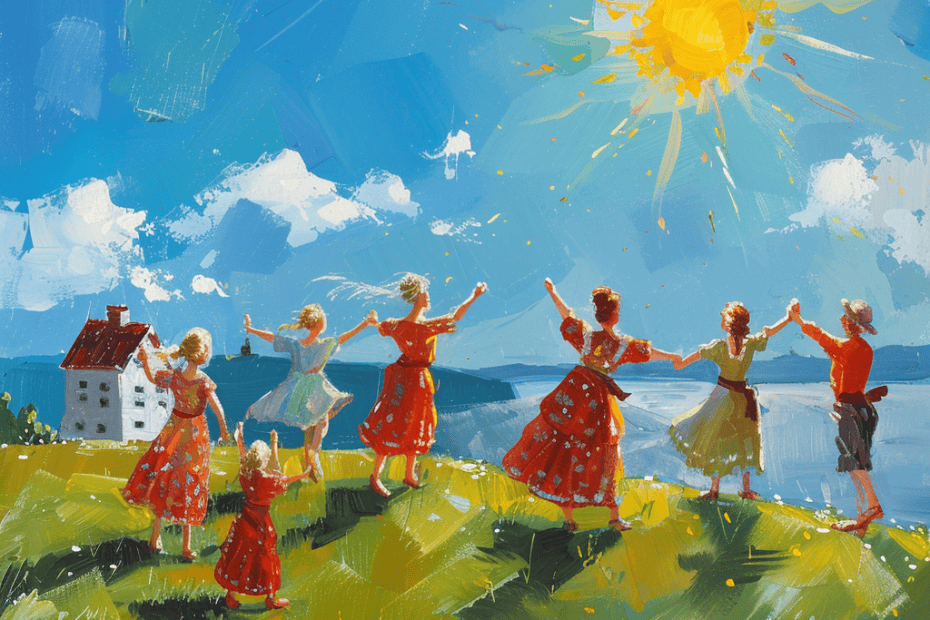 Een levendige illustratie toont dansende mensen in een weiland op een zonnige dag, wat doet denken aan Zonnewendefeesten. De groep, getooid in felgekleurde jurken, houdt de handen in een cirkel vast. Op de achtergrond is een huisje zichtbaar, vlakbij een meer, met kleurrijke bloemen in het groene gras.