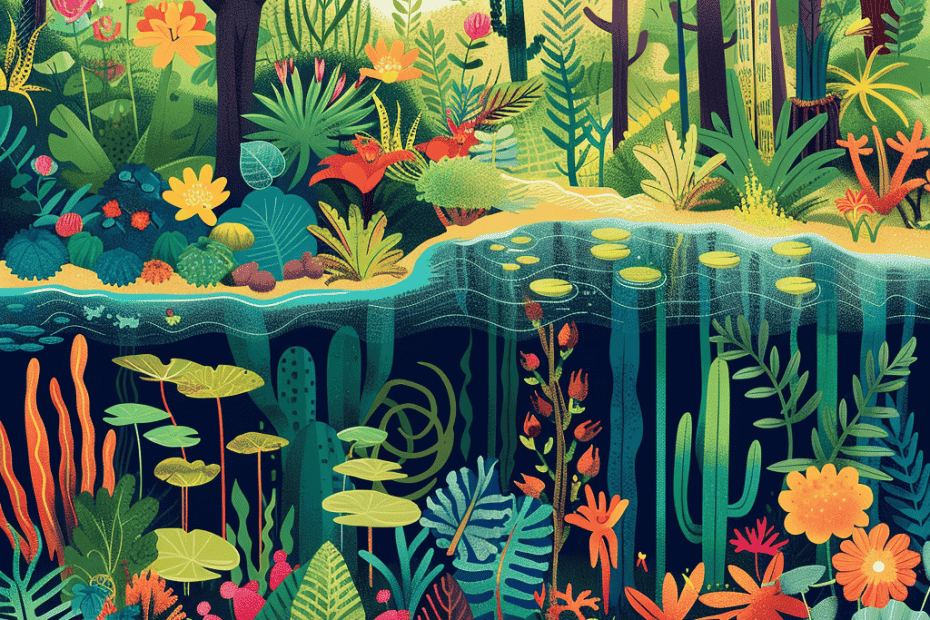 Illustratie van een levendig, weelderig bos erboven en een kleurrijk onderwaterecosysteem eronder, met een verscheidenheid aan planten en waterleven, waarbij twee verschillende natuurlijke omgevingen naadloos samenvloeien.