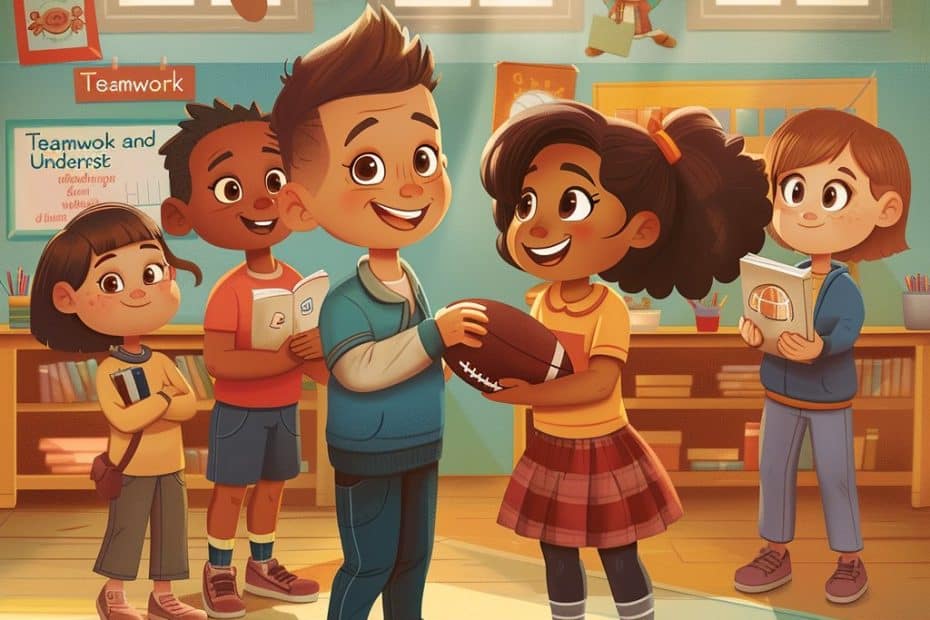 Een helder verlicht klaslokaal toont vijf vrolijke kinderen die met elkaar omgaan. Twee kinderen in het midden, een jongen en een meisje, concentreren zich op een voetbal en laten teamwerk en samenwerking zien. De overige drie studenten gaan aan de slag met een boek en een notitieboekje om tekst te begrijpen en te lezen. Posters aan de muur en zonlicht versterken de warme, energieke sfeer.