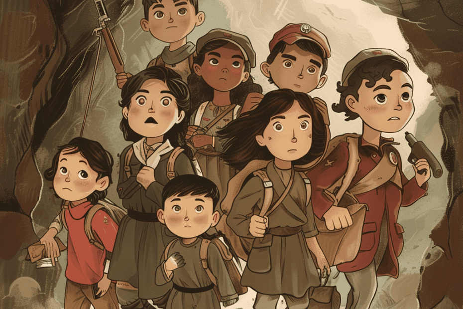 Een geanimeerde illustratie toont een diverse groep kinderen en tieners in militaire kledij, die uit een grot tevoorschijn komen. Sommigen dragen geweren en andere uitrusting, en ze lijken vastberaden en gefocust, terwijl ze voor zich uit kijken terwijl het licht van buiten de grot naar beneden schijnt.