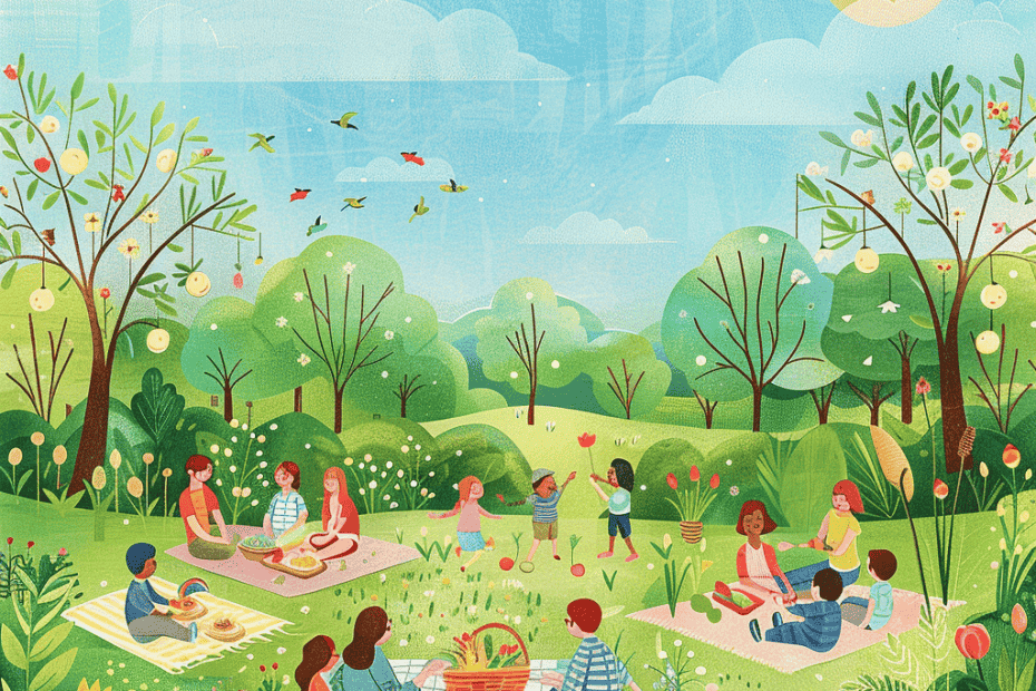 Een vrolijke illustratie toont een groep mensen die genieten van een picknick in een weelderig park. Verschillende groepen zitten op dekens, terwijl anderen spelletjes spelen. De scène is gevuld met levendig groen, bloeiende bloemen en hoge bomen onder een zonnige hemel met een zichtbare maan.