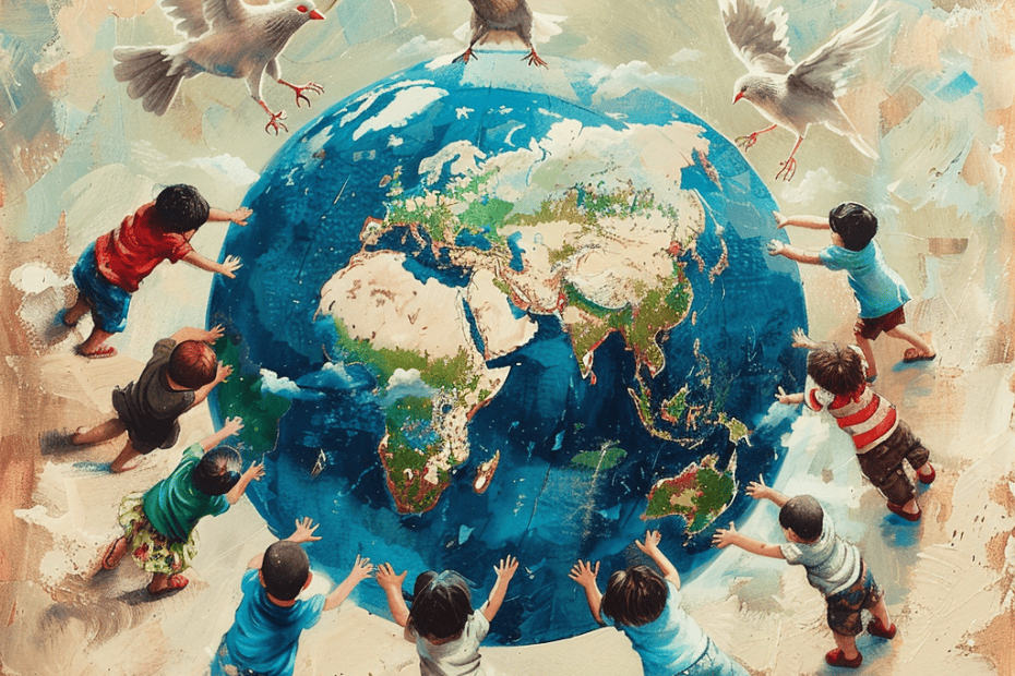 Een levendig schilderij toont een groep kinderen met verschillende achtergronden die een grote aardbol omcirkelen en bereiken. Boven de wereldbol vliegen drie witte duiven, die vrede en eenheid symboliseren. De achtergrond is gestructureerd met zachte, aardse tinten.