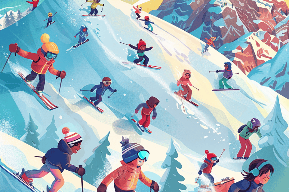 Illustratie van diverse mensen die skiën op een besneeuwde berghelling, met levendige kleuren en dynamische bewegingen, met een bergachtergrond onder een helderblauwe lucht.
