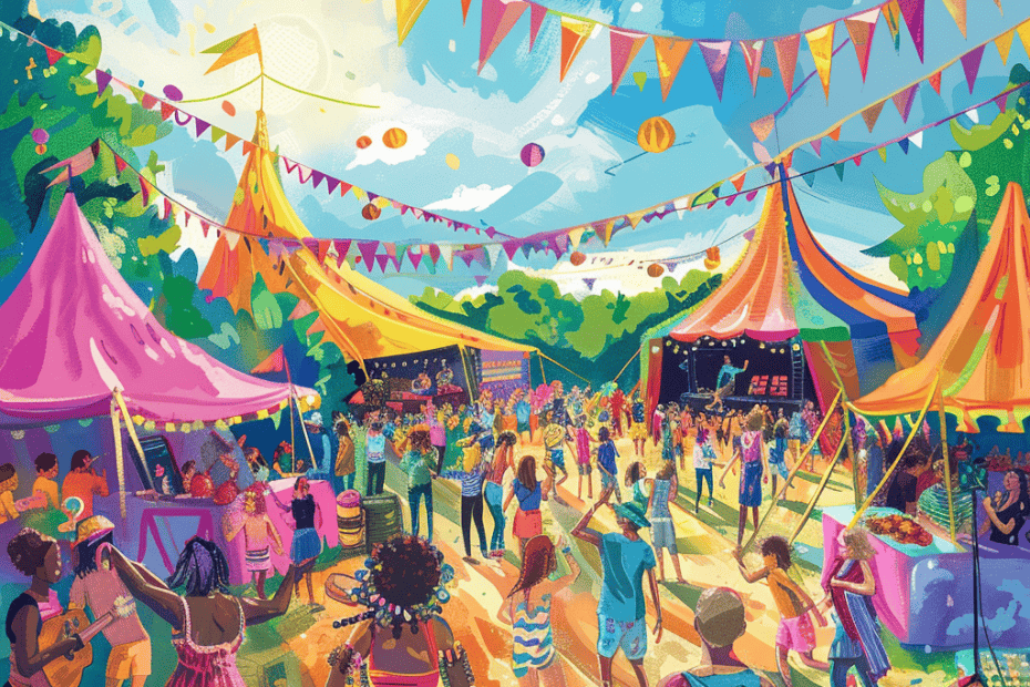 Een levendige illustratie van levendige openluchtzomerfestivals met kleurrijke tenten, vlaggetjes en massa's mensen die dansen, kletsen en genieten van activiteiten onder een zonnige hemel. Er zijn diverse eetkraampjes en entertainmentstands opgezet, waardoor een feestelijke sfeer ontstaat die perfect is voor de zomer.
