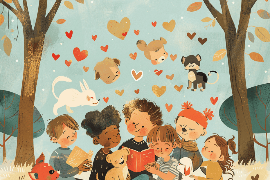 Een kleurrijke illustratie van een diverse groep kinderen die vrolijk bezig zijn met "begrijpend lezen" met boeken samen in een bos omringd door speelse dieren en zwevende harten.