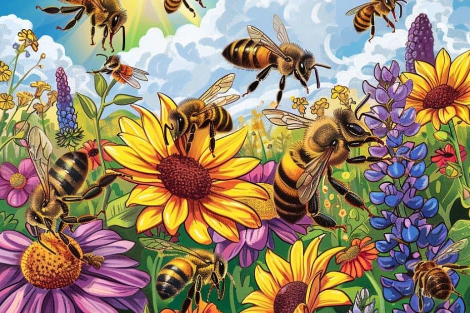 Een levendig tafereel waarin bijen een reeks kleurrijke bloemen bestuiven onder een felle zon en een gedeeltelijk bewolkte hemel. De bijen zoemen druk rond zonnebloemen, madeliefjes en andere bloeiende planten, waardoor een levendige weergave ontstaat van de natuur aan het werk – echt zoals een begrijpend leesbare tekst over Bijen.