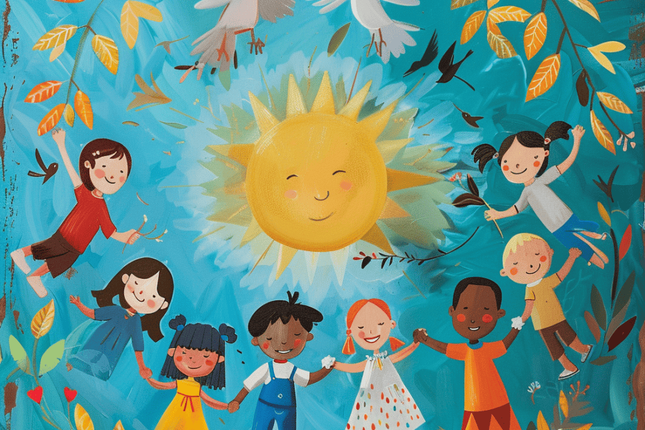 Een vrolijke illustratie van kinderen met verschillende achtergronden, hand in hand rond een lachende zon. De kinderen, omringd door kleurrijke bladeren en twee witte vogels, vieren Dag van de Vriendschap tegen een helderblauwe lucht, wat een gevoel van vreugde, eenheid en vrede oproept.