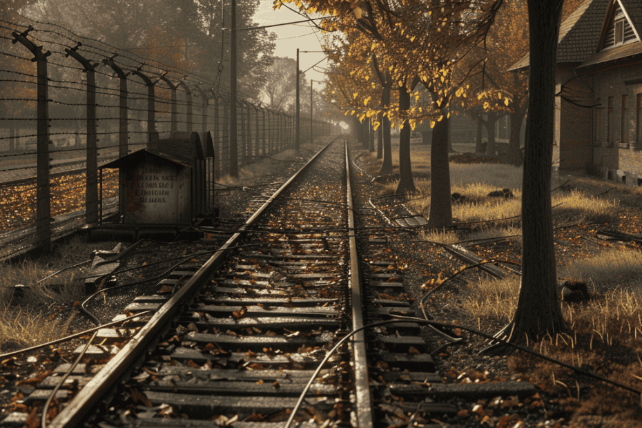 Een spoorlijn in de herfst, omgeven door bomen met gele en oranje bladeren. De baan strekt zich uit in de verte, met aan de rechterkant een bescheiden gebouw en aan de linkerkant een hekwerk. Afgevallen bladeren liggen verspreid over de baan en vangen de serene, nostalgische sfeer op.