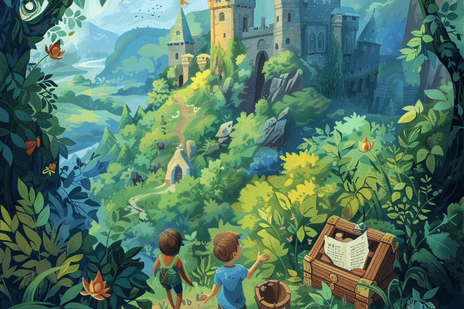 Twee kinderen observeren een groots kasteel te midden van weelderig groen en levendige bloemen vanaf een open plek in het bos, waar een picknickmand en een open boek over begrijpend lezen vlakbij liggen.