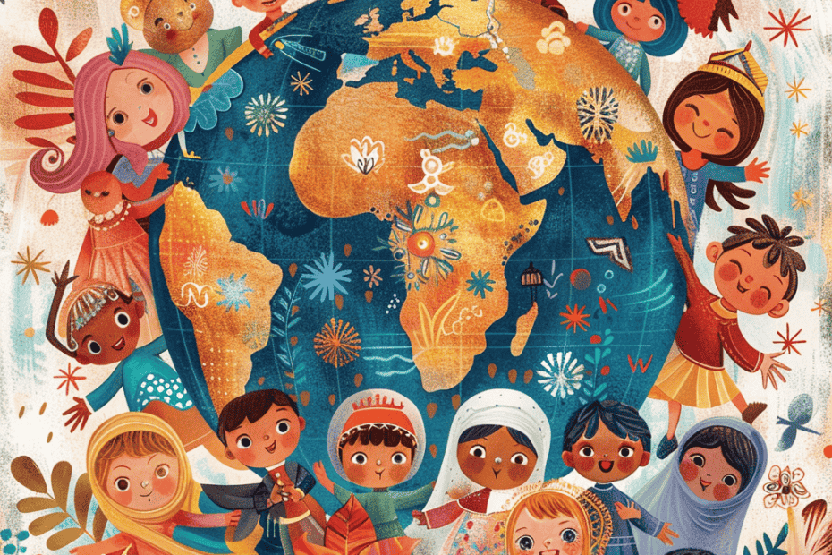Een kleurrijke illustratie van kinderen uit verschillende culturen die een grote wereldbol omringen en omarmen. De kinderen glimlachen en zijn gekleed in traditionele kledij uit verschillende delen van de wereld. De achtergrond is versierd met levendige bloemen en vrolijke patronen.