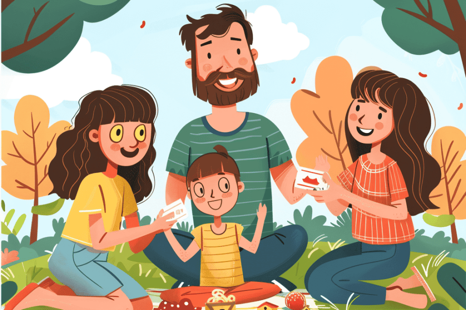 Een illustratie van een vrolijk gezin van vier personen, zittend op het gras tijdens een picknick. Hun opstelling bestaat uit sandwiches, gebak en fruit op een deken omgeven door bomen met herfstkleurige bladeren. De lachende ouders en twee kinderen genieten van de buitenomgeving, waardoor het perfect is voor een Vaderdagfeest.